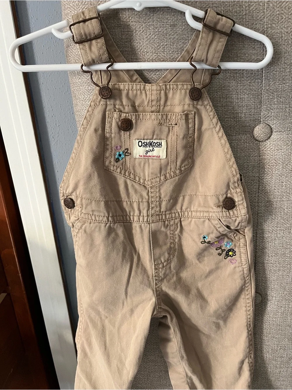 OshKosh B'gosh Tan Khaki Girls' Embroidered Overalls